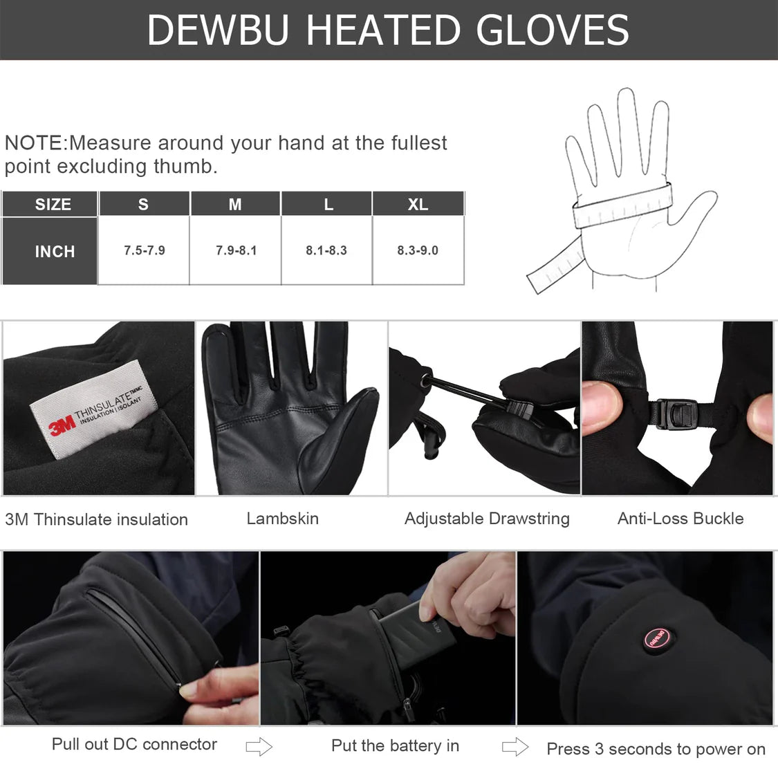 Leather Heated Gloves for Women and Men With 5V Rechargeable Battery Pack - Black